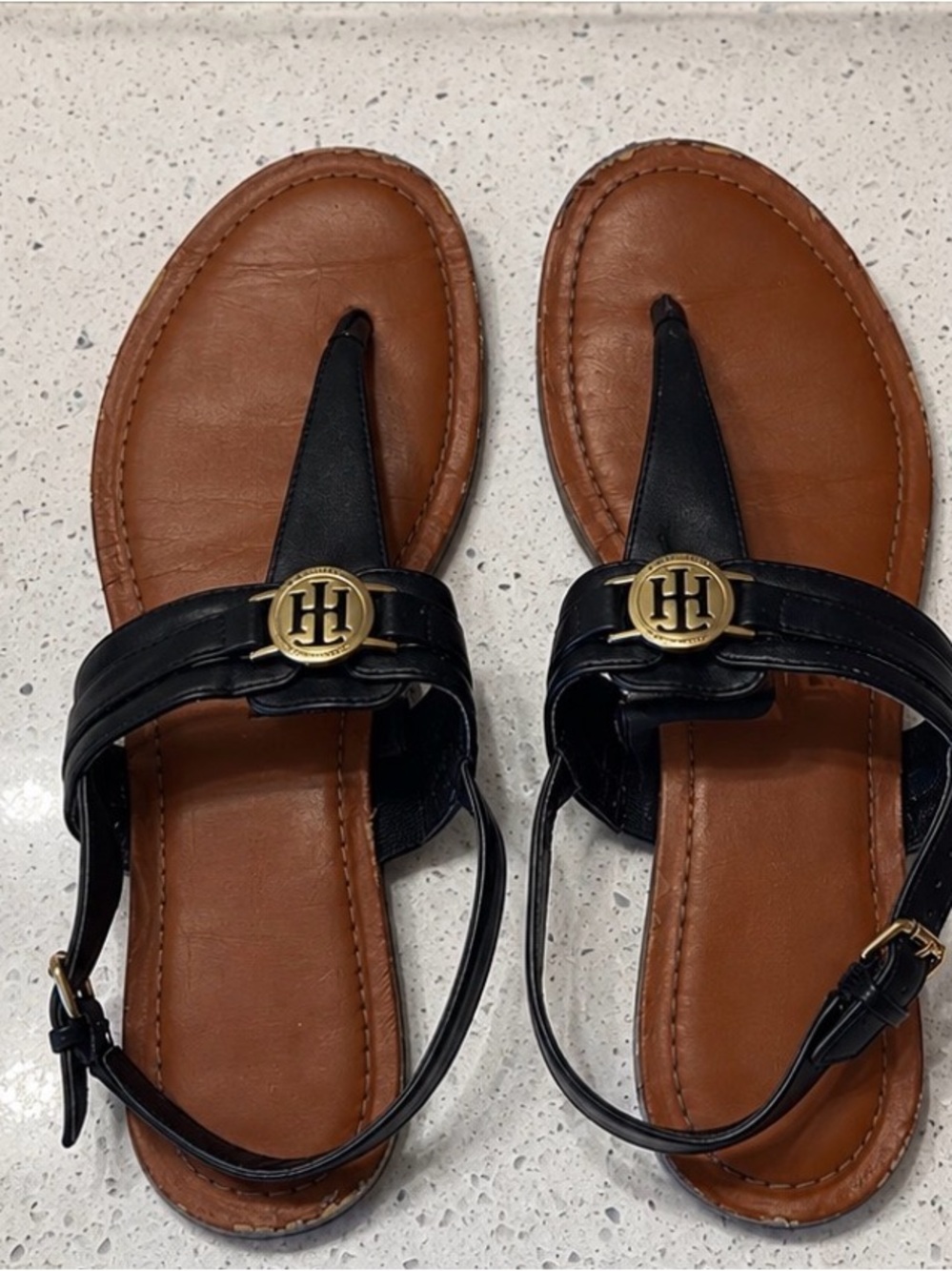 Tommy Hilfiger Black Leather Thong Sandals with Brown Footbed and Gold Logo